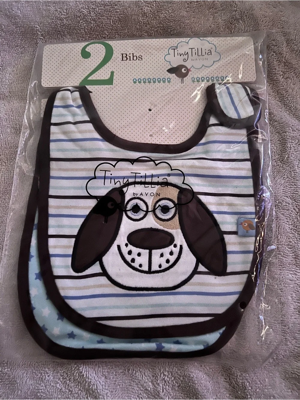 Avon Tiny Tillia Duncan Dog Baby Bibs - Blue & Brown Puppy Set of 2